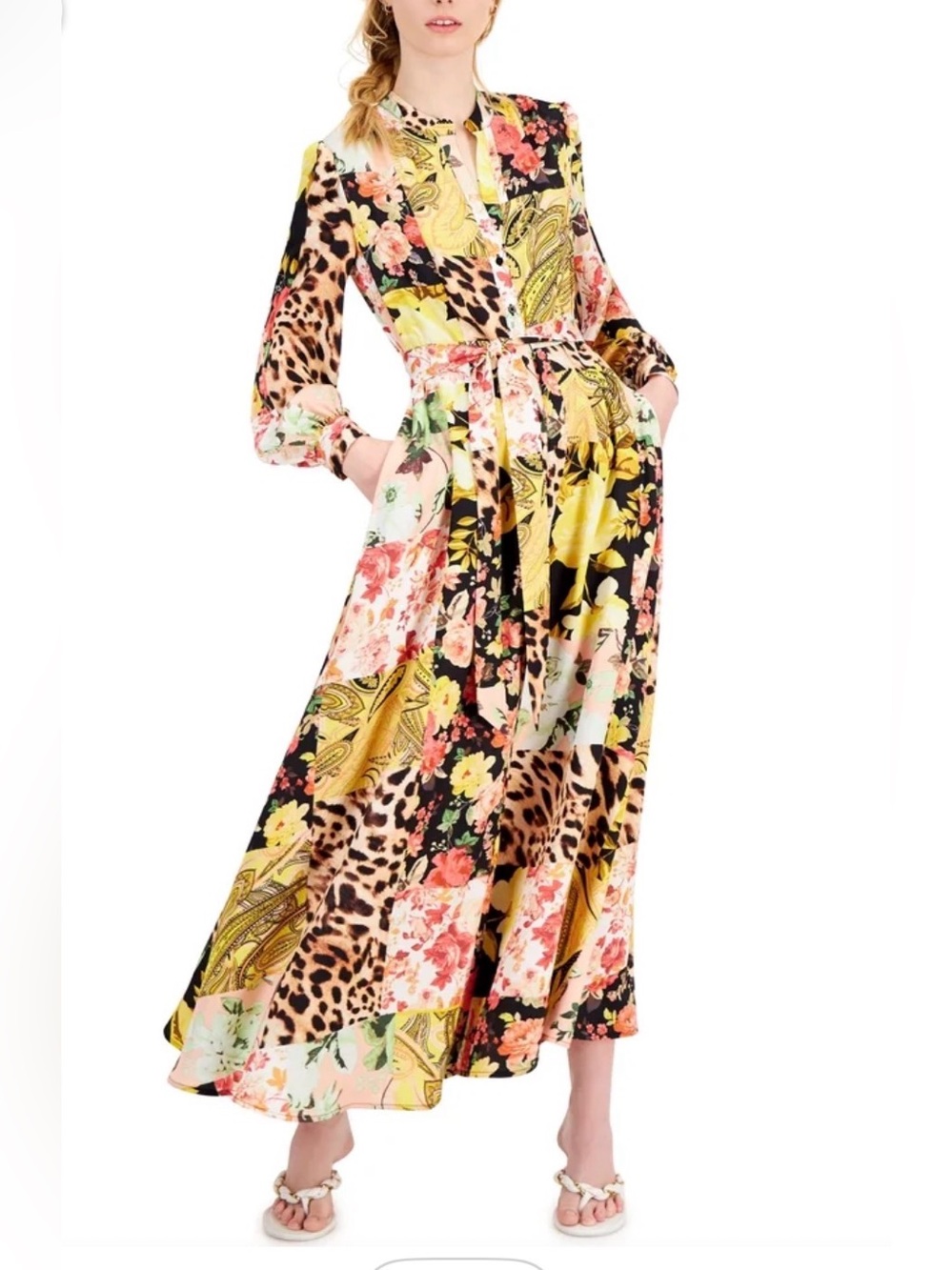 INC International Concepts Yellow Multi Floral & Leopard Print Maxi Dress